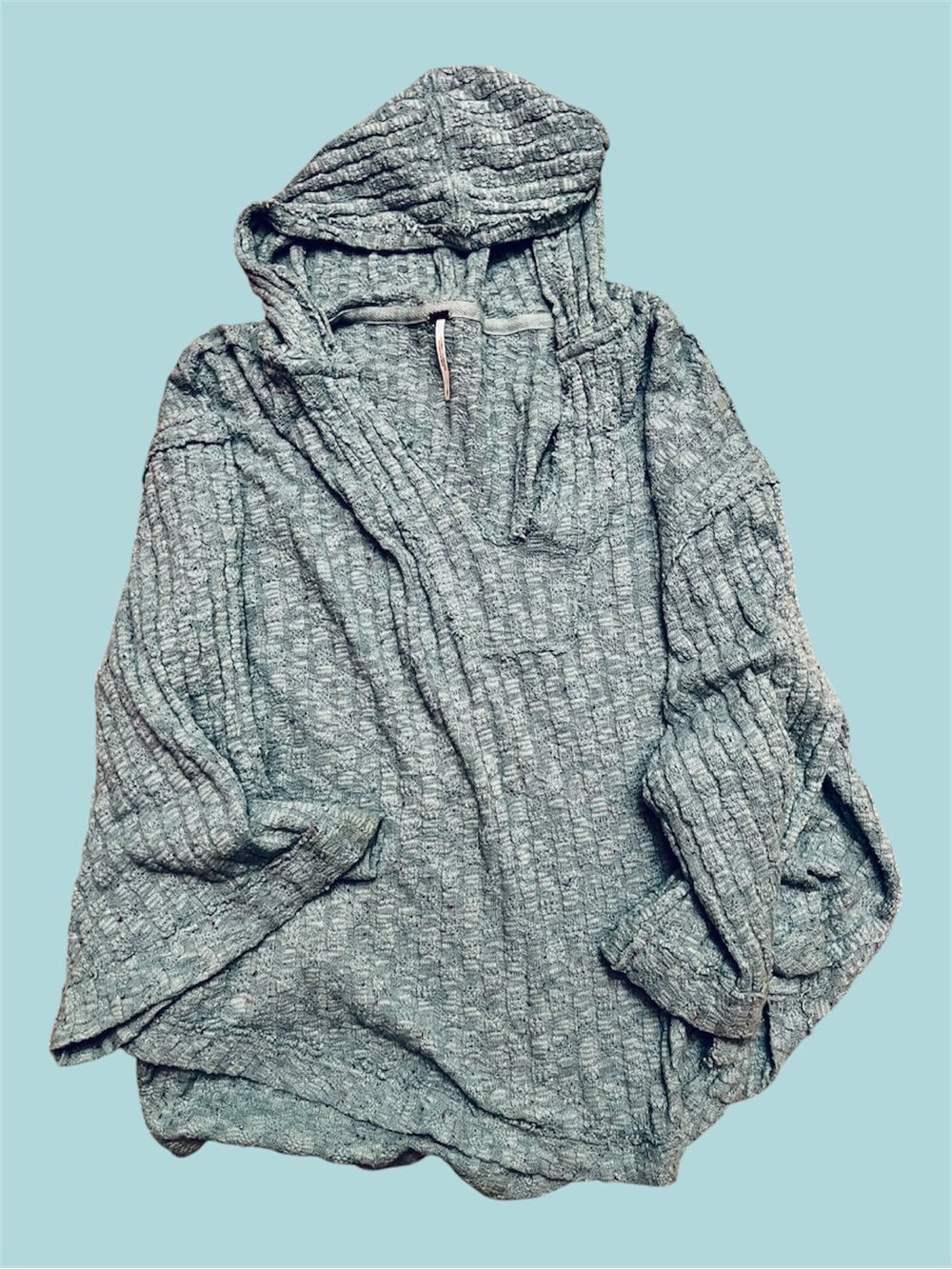 Free People Large Teal Blue/Green Speckled Textured Knit Hooded Pullover Sweater
